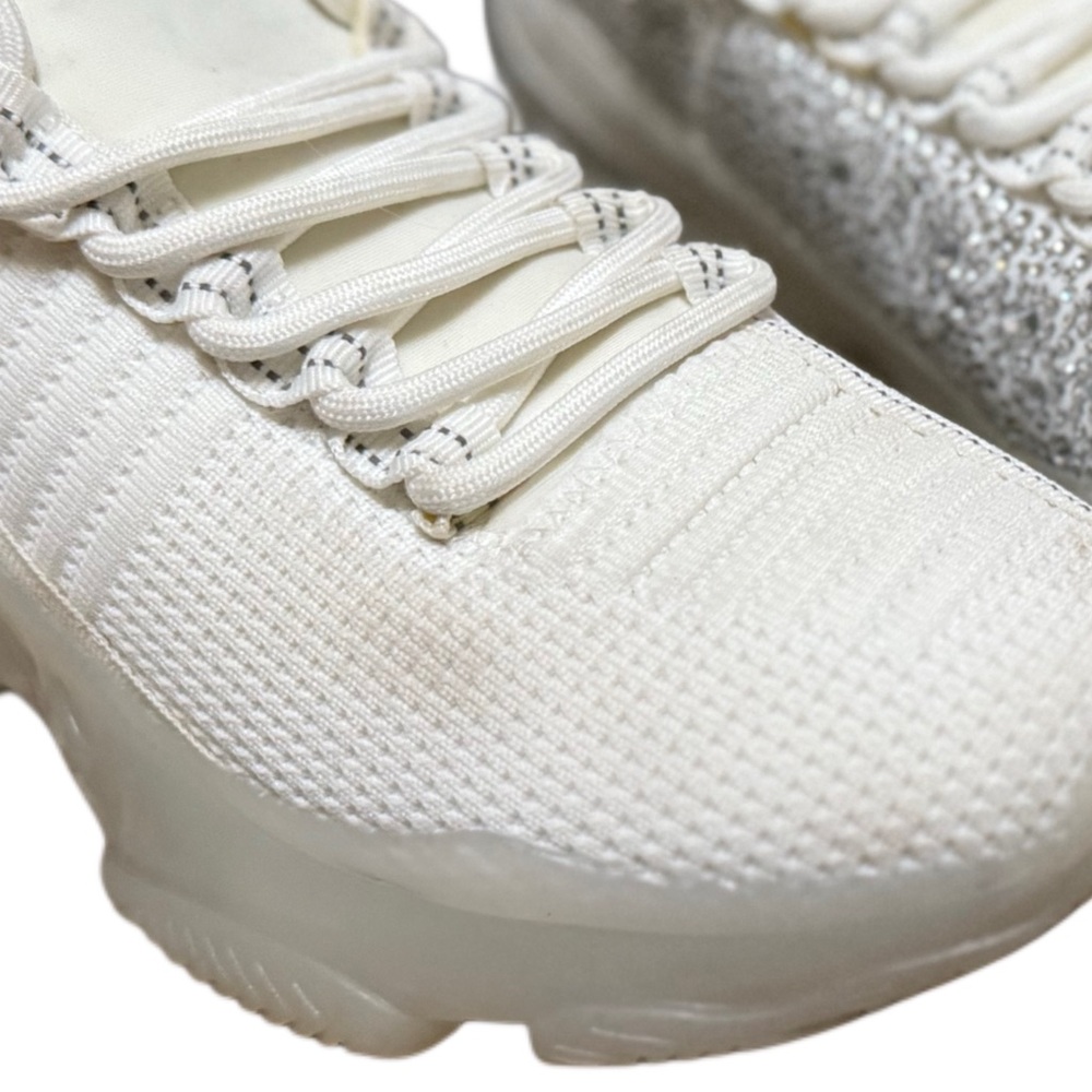Steve Madden women's Maxima rhinestone-embellished knit sneakers in white. - Picture 12 of 15